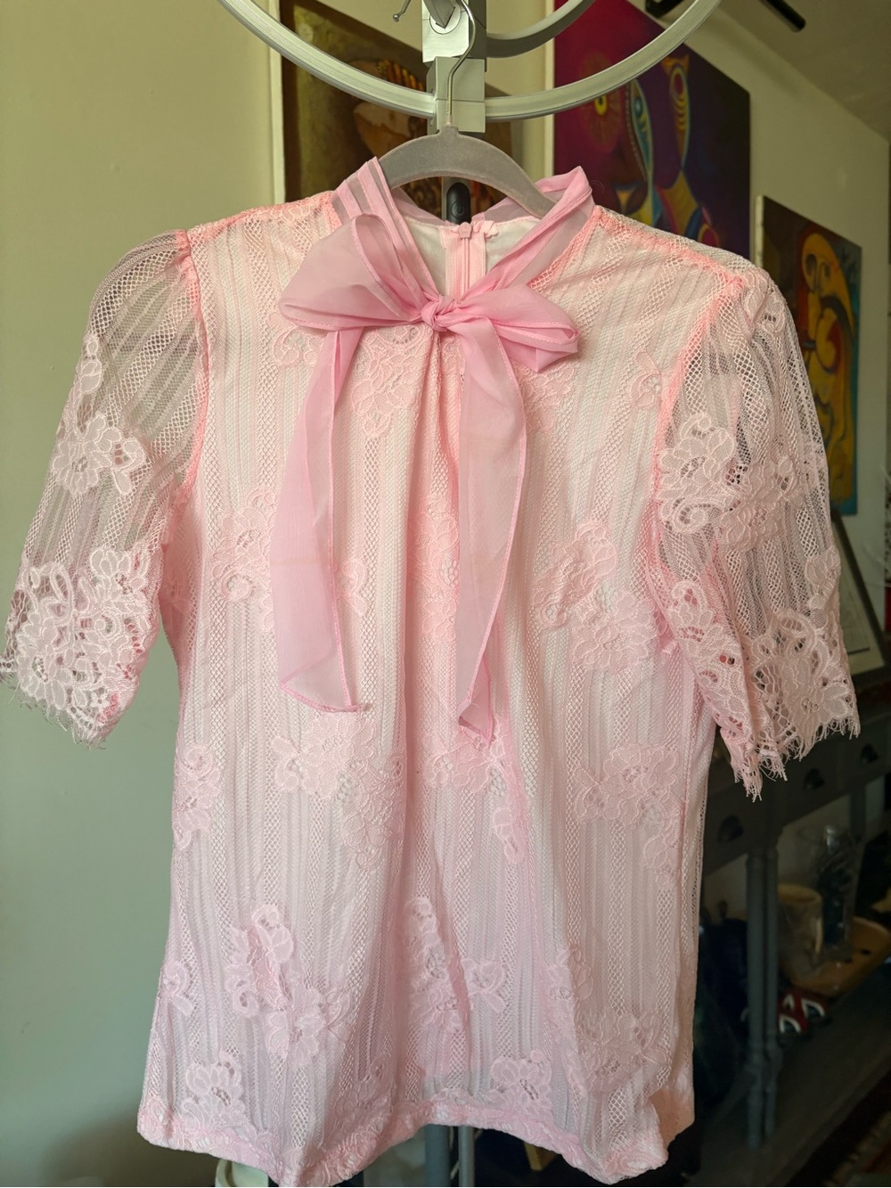 Pink Lace Bow-Neck Blouse